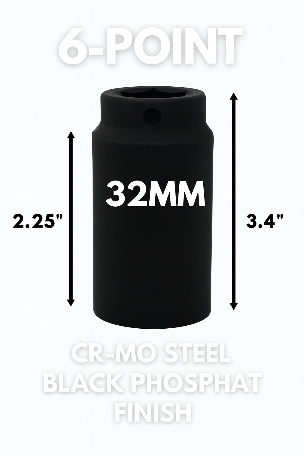 32mm 6-Point Axle Nut Impact Socket  1/2" Drive CR-MO Steel Black Finish